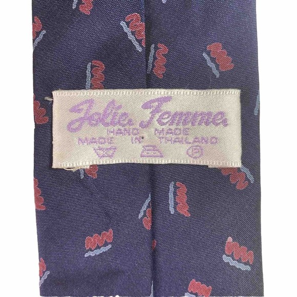 JOLIE FEMME Men's 100% Silk Necktie Designer Geometric Navy Blue W Red VTG RARE - Picture 4 of 8